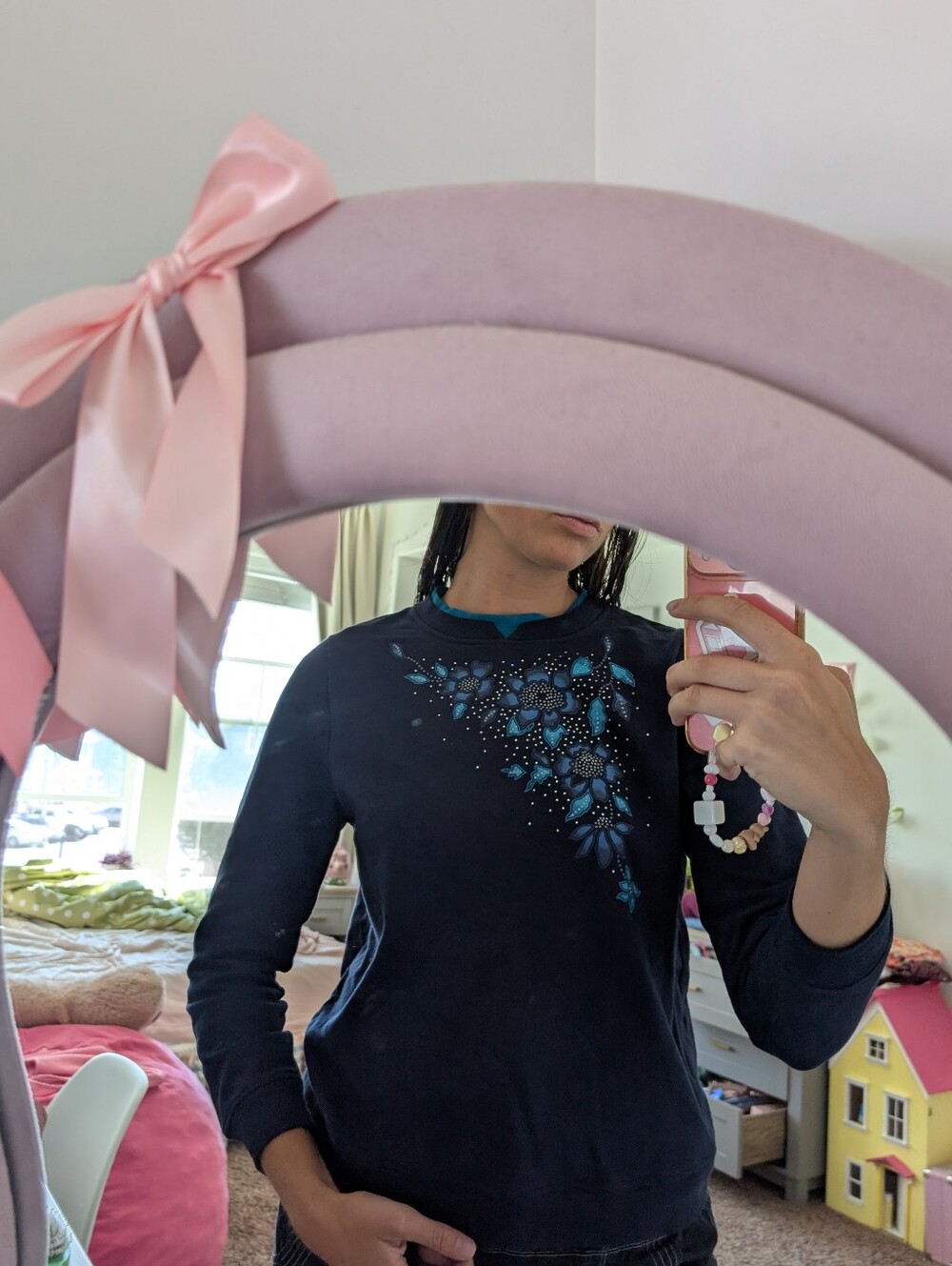 breckenridge Navy Blue Floral Embellished Sweatshirt Size Medium